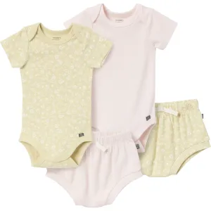4-Piece Baby Girls Dusty Yellow Floral Short Sleeve Bodysuits and Shorts Set