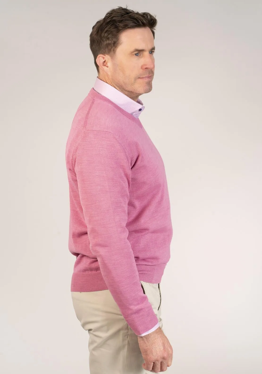 50/50 Fine Merino Wool & Acrylic V-Neck Knit - Pink
