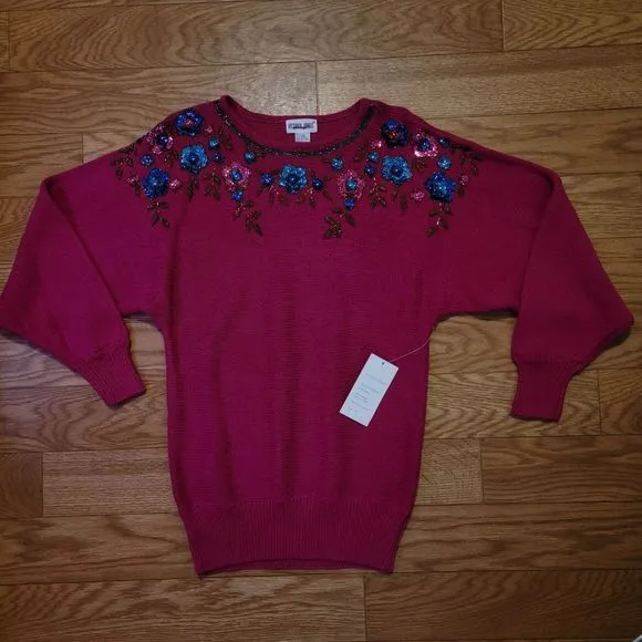 90's Vintage Victoria Jones Beaded Knit Pullover NEW