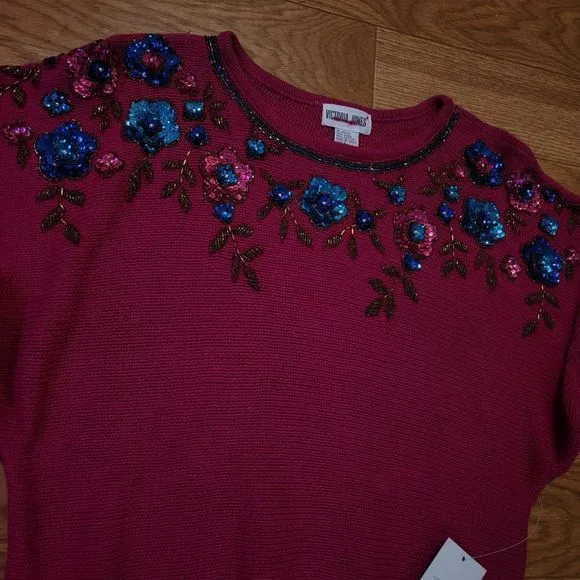 90's Vintage Victoria Jones Beaded Knit Pullover NEW