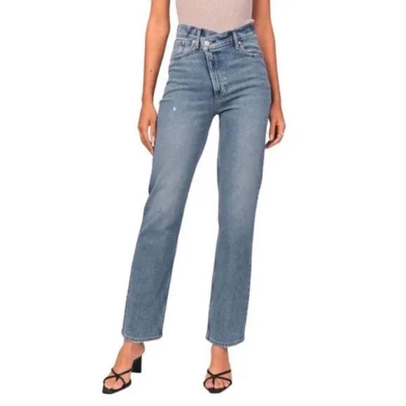 A   F Ultra High Rise 90's Straight Leg Criss-Cross Jean Blue size 30