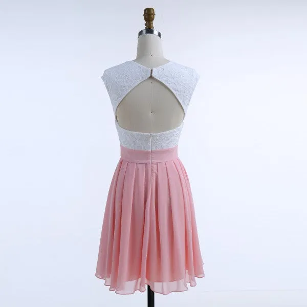 A-Line Jewel Open Back Pink Chiffon Short Cheap Homecoming Dresses with Lace, QB0048
