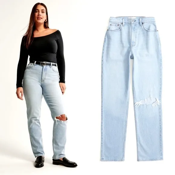 Abercrombie &amp; Fitch Curve Love Ultra High Rise 90s Straight Jean Light Destroy
