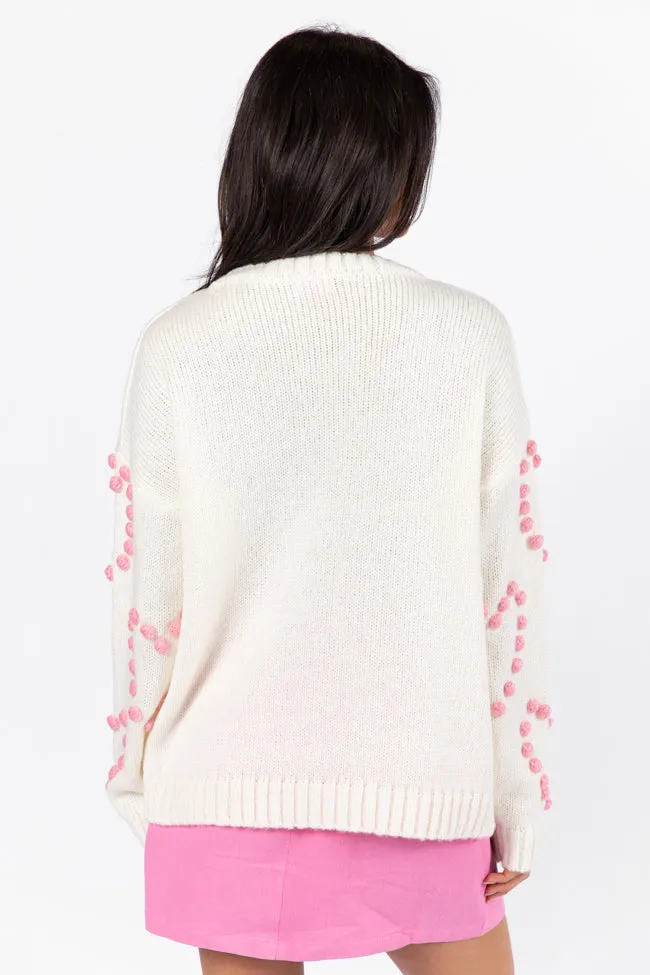 Adore You Ivory and Pink Oversized Heart Pom Sweater FINAL SALE