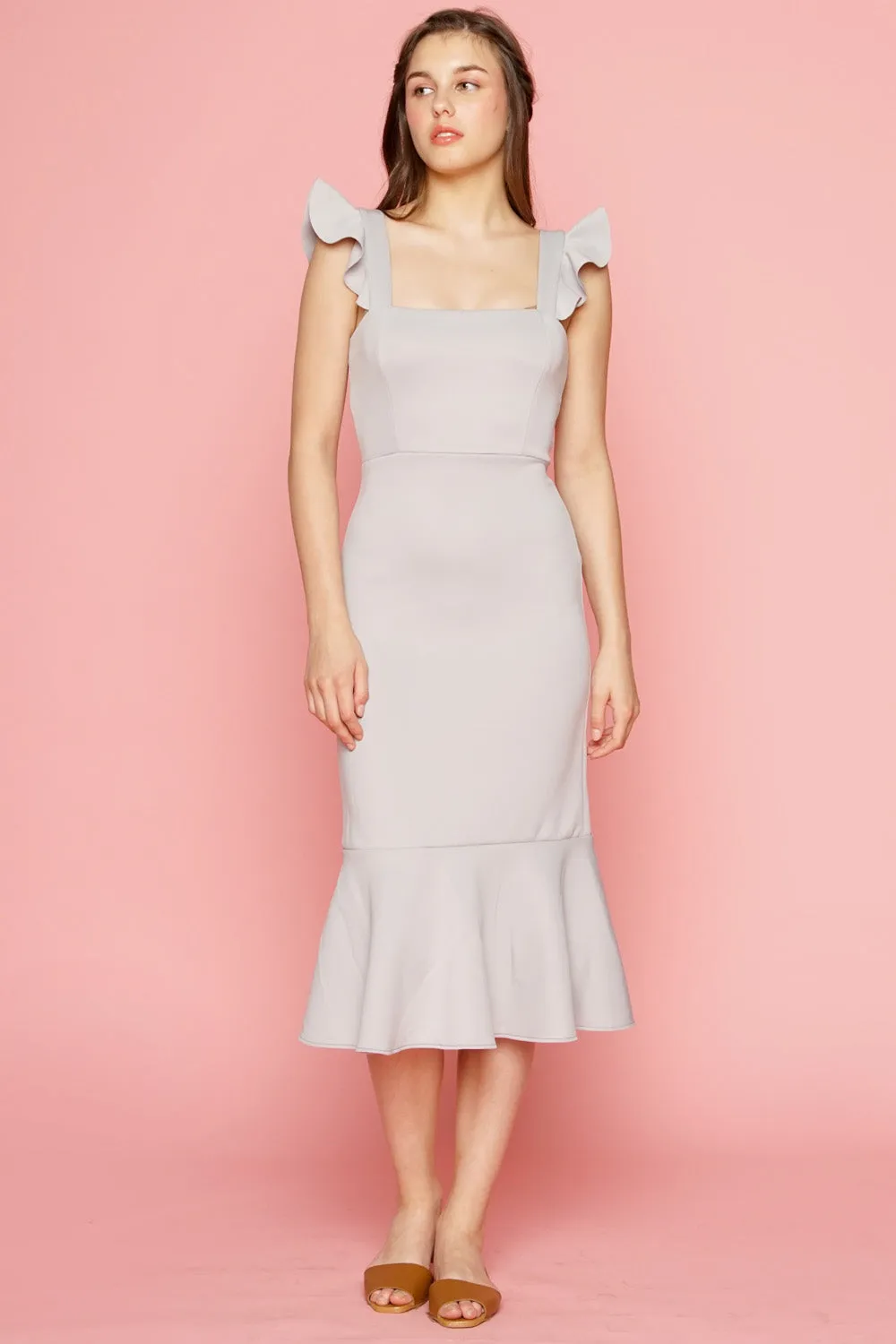 ALANA Strappy Ruffled Midi Dress with Flounce Skirt (Dove Gray)