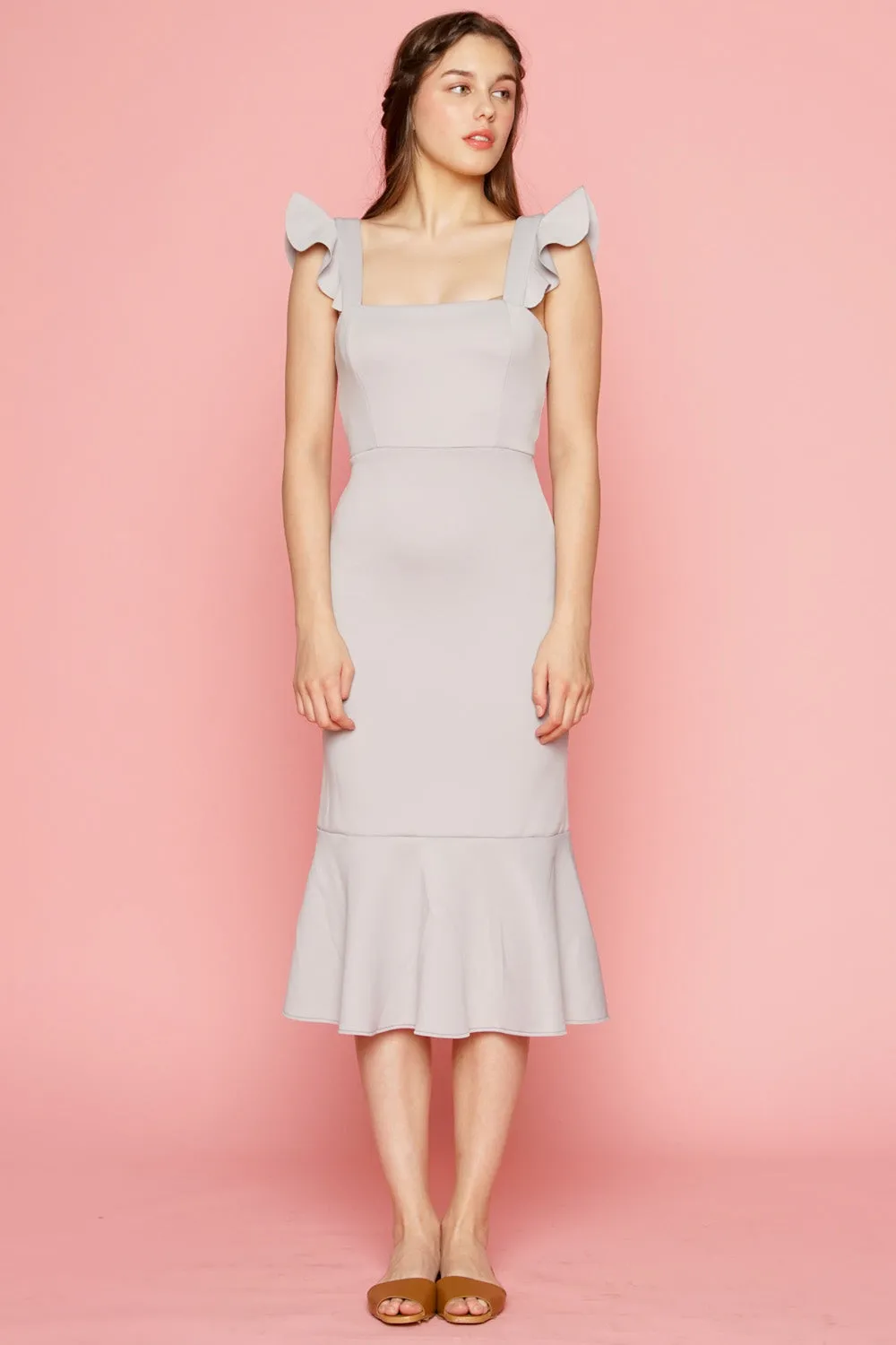 ALANA Strappy Ruffled Midi Dress with Flounce Skirt (Dove Gray)