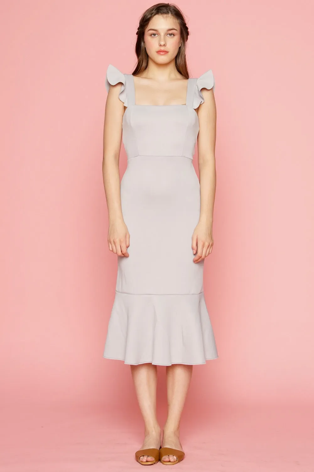 ALANA Strappy Ruffled Midi Dress with Flounce Skirt (Dove Gray)