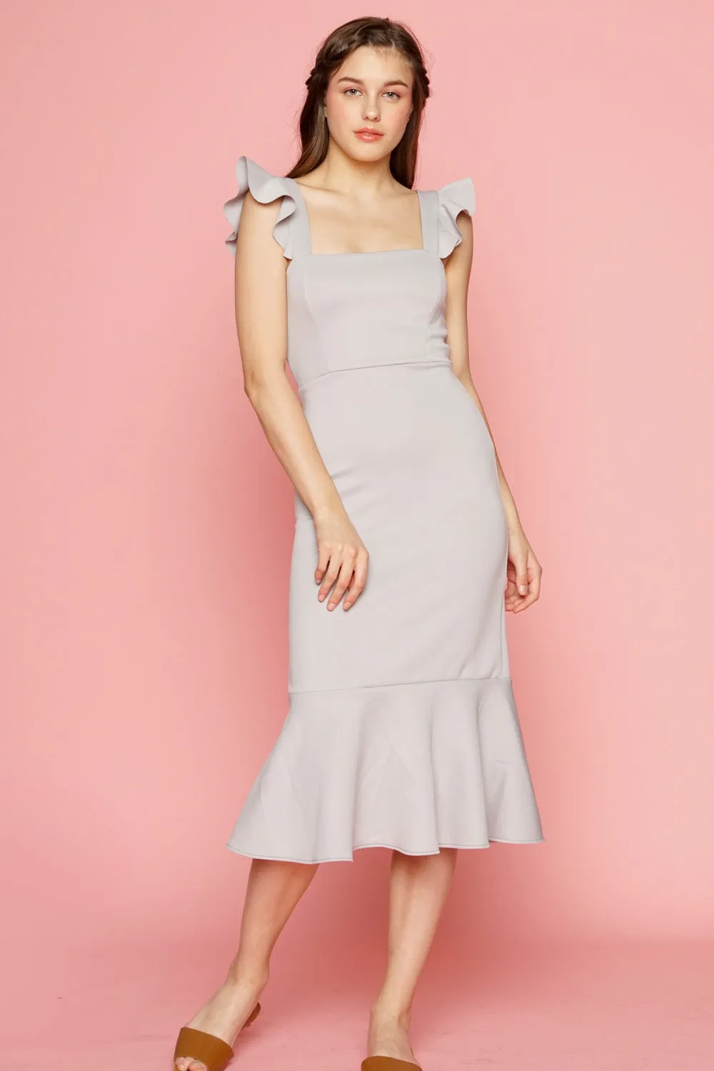 ALANA Strappy Ruffled Midi Dress with Flounce Skirt (Dove Gray)