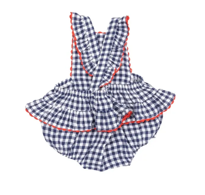 Angel Dear || Navy Gingham Ric-Rac Ruffle Sunsuit