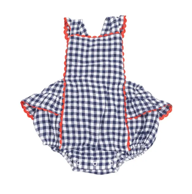Angel Dear || Navy Gingham Ric-Rac Ruffle Sunsuit