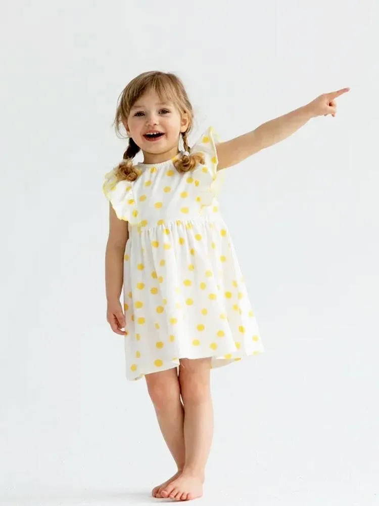 Artie - Yellow and White Polka Dot Baby and Girl Frill Dress