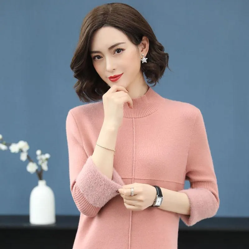 Autumn and Winter Plus Velvet Thick Sweater Mid-length Half High Neck Fashion Sweater Skirt Warm Solid Color Female Base Dress