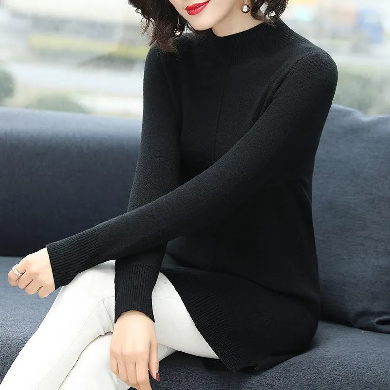 Autumn and Winter Plus Velvet Thick Sweater Mid-length Half High Neck Fashion Sweater Skirt Warm Solid Color Female Base Dress
