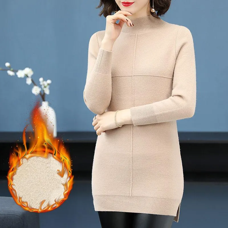 Autumn and Winter Plus Velvet Thick Sweater Mid-length Half High Neck Fashion Sweater Skirt Warm Solid Color Female Base Dress