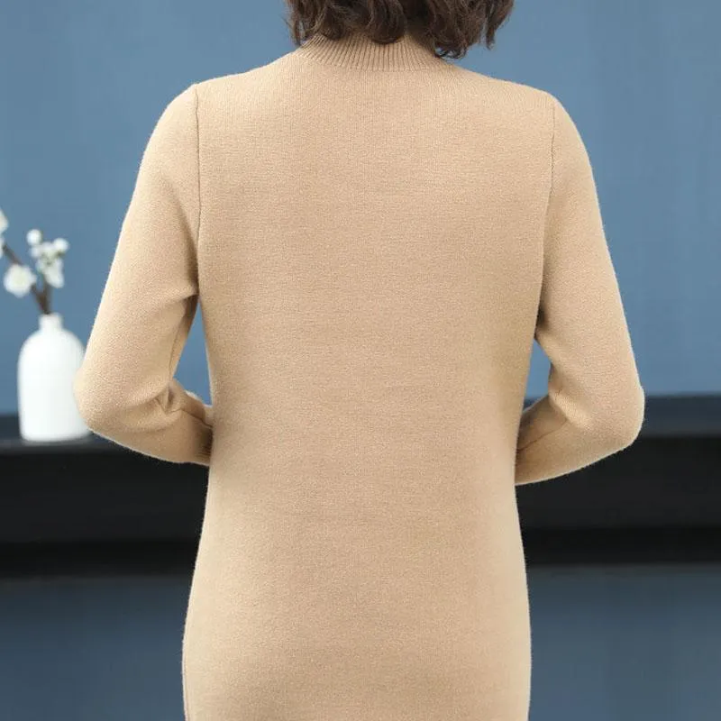 Autumn and Winter Plus Velvet Thick Sweater Mid-length Half High Neck Fashion Sweater Skirt Warm Solid Color Female Base Dress