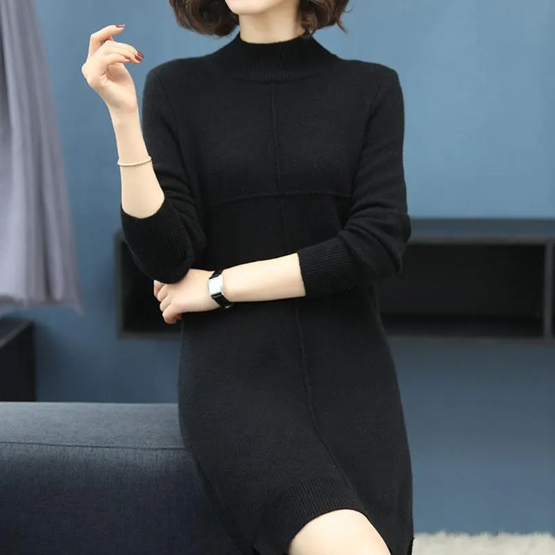 Autumn and Winter Plus Velvet Thick Sweater Mid-length Half High Neck Fashion Sweater Skirt Warm Solid Color Female Base Dress