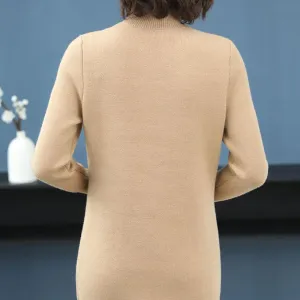 Autumn and Winter Plus Velvet Thick Sweater Mid-length Half High Neck Fashion Sweater Skirt Warm Solid Color Female Base Dress
