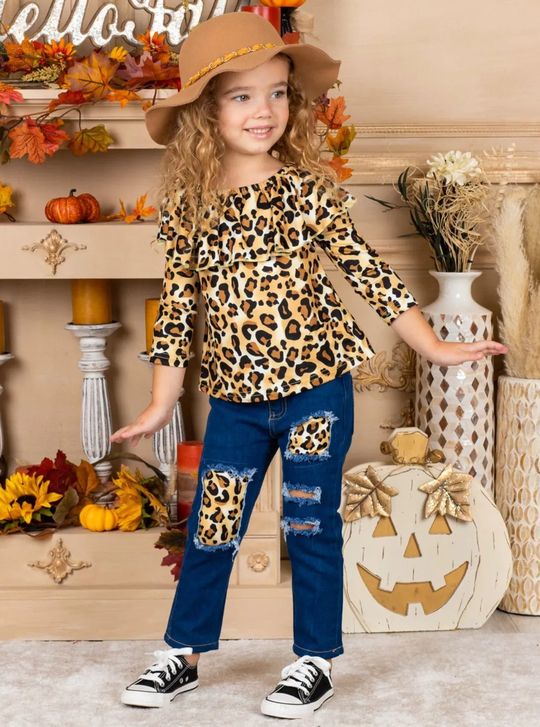 Autumn Leopard Patched Jeans Set