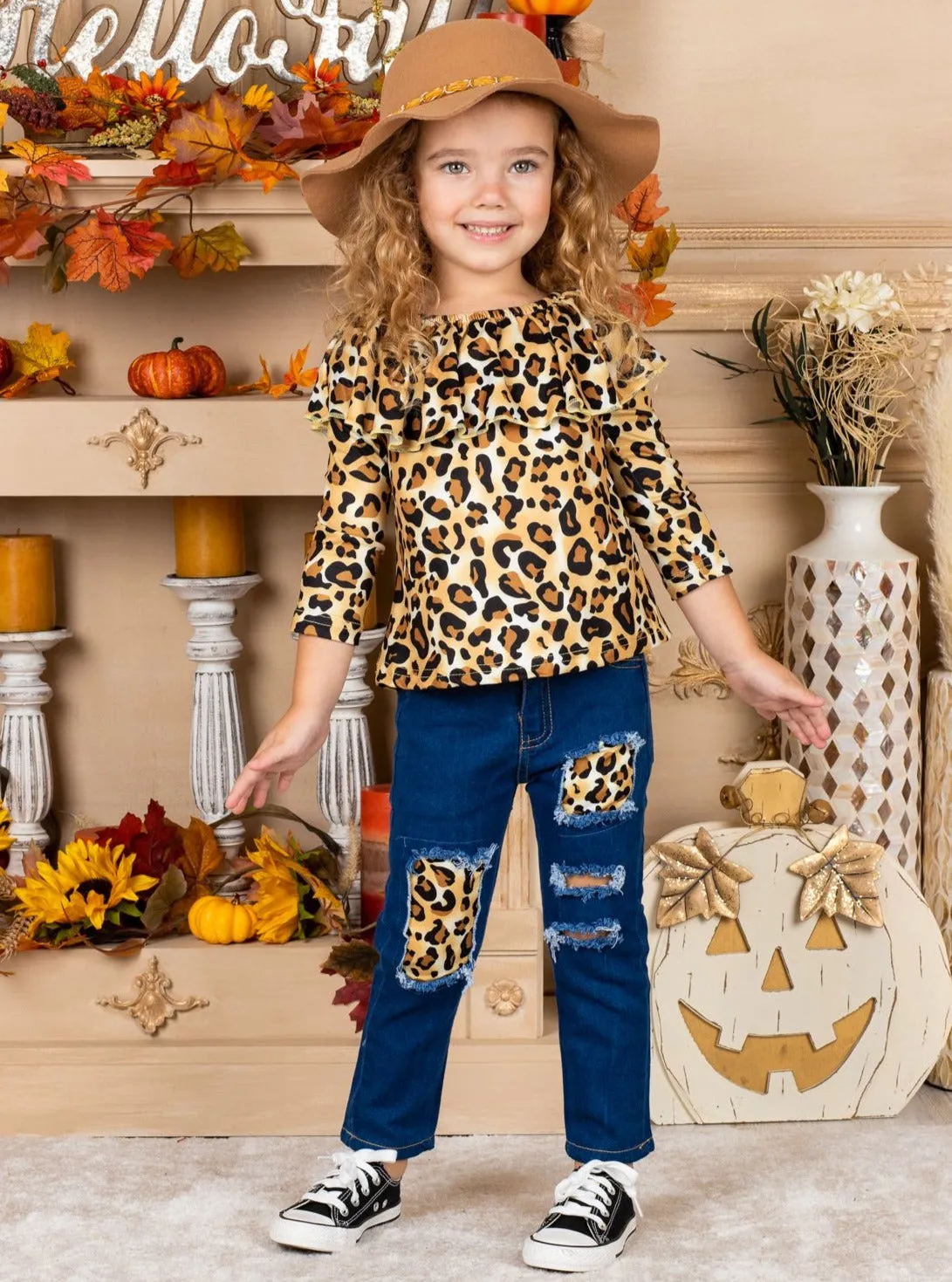 Autumn Leopard Patched Jeans Set