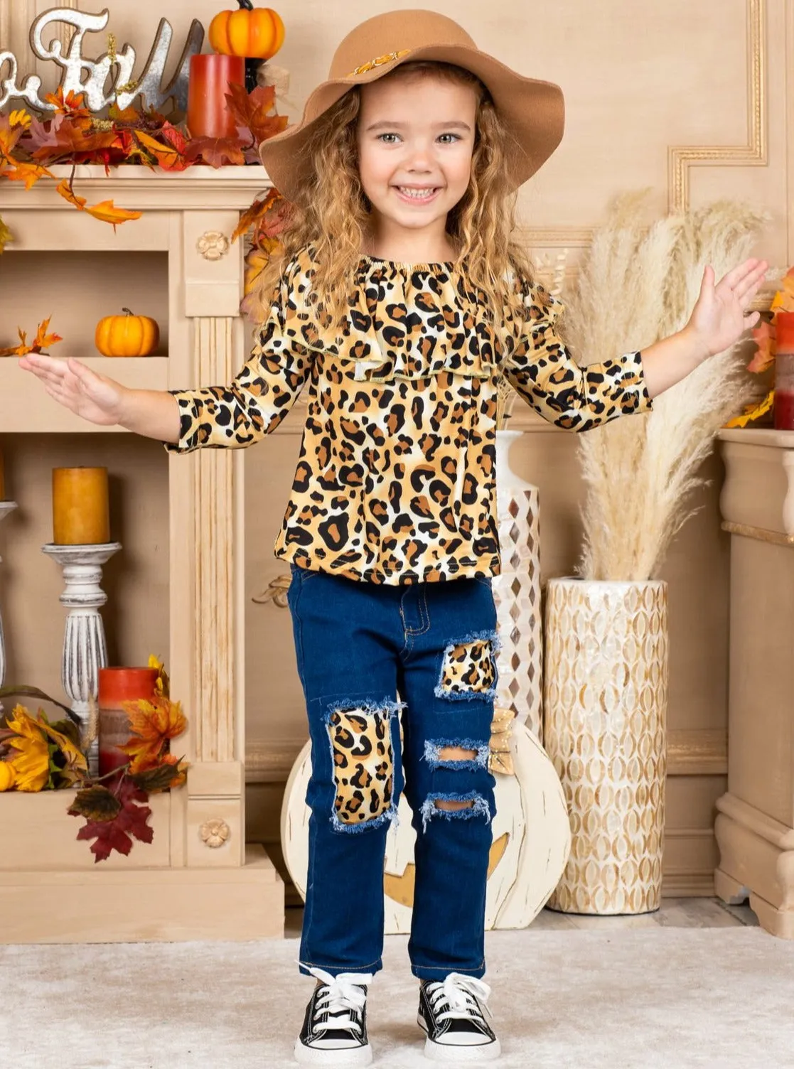 Autumn Leopard Patched Jeans Set
