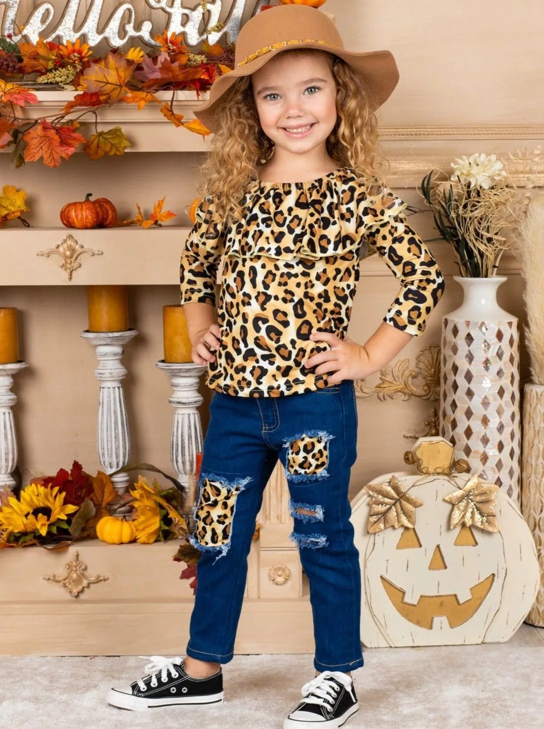 Autumn Leopard Patched Jeans Set