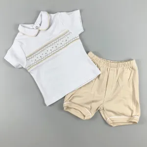 Baby Boys Beige Two Piece Summer Outfit - T Shirt and Shorts Set