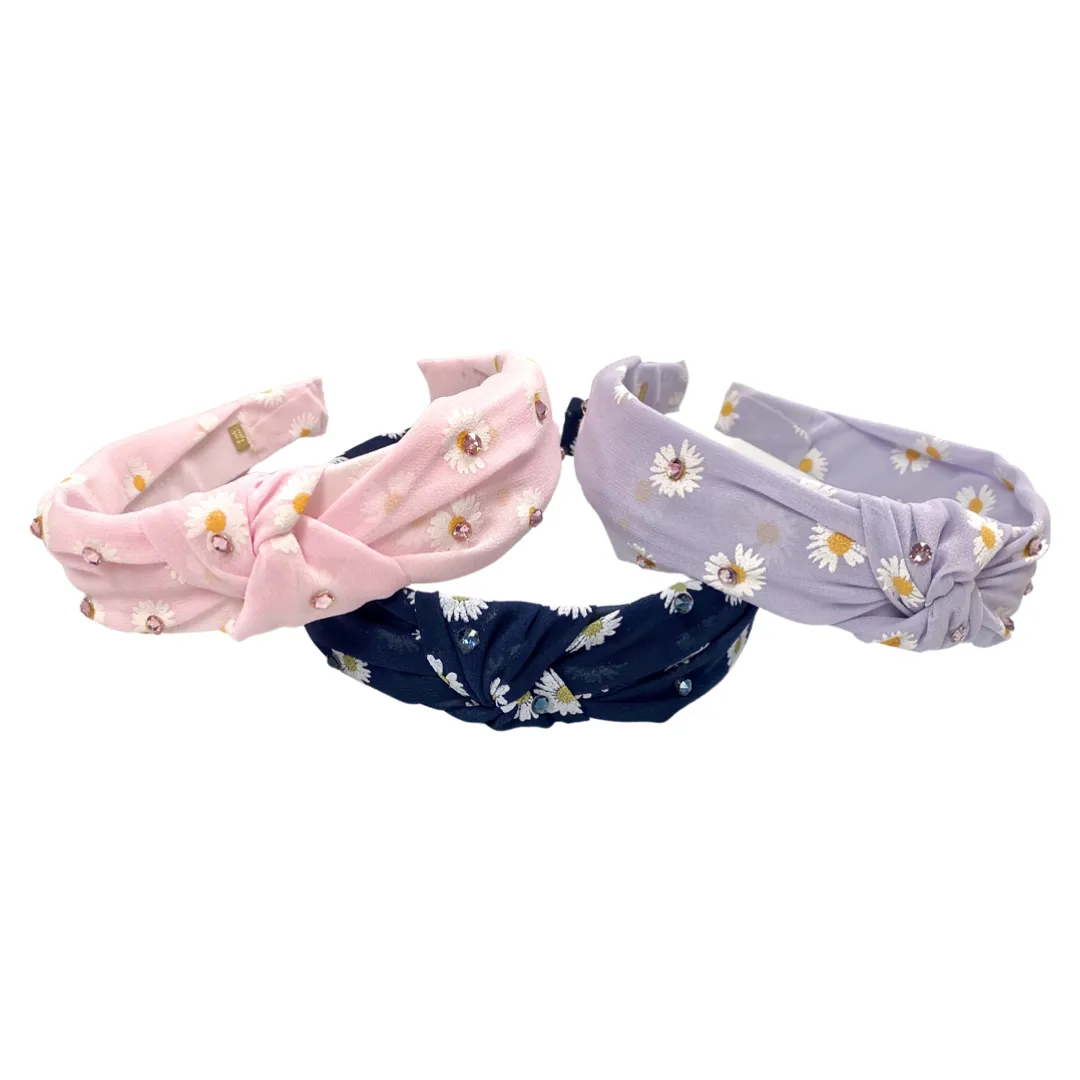 Bari Lynn Chiffon Daisy Twist Knot Headband with Crystals - 4 Colors
