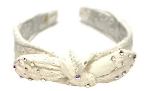 Bari Lynn Eyelet Twist Knot Headband with Crystals - White