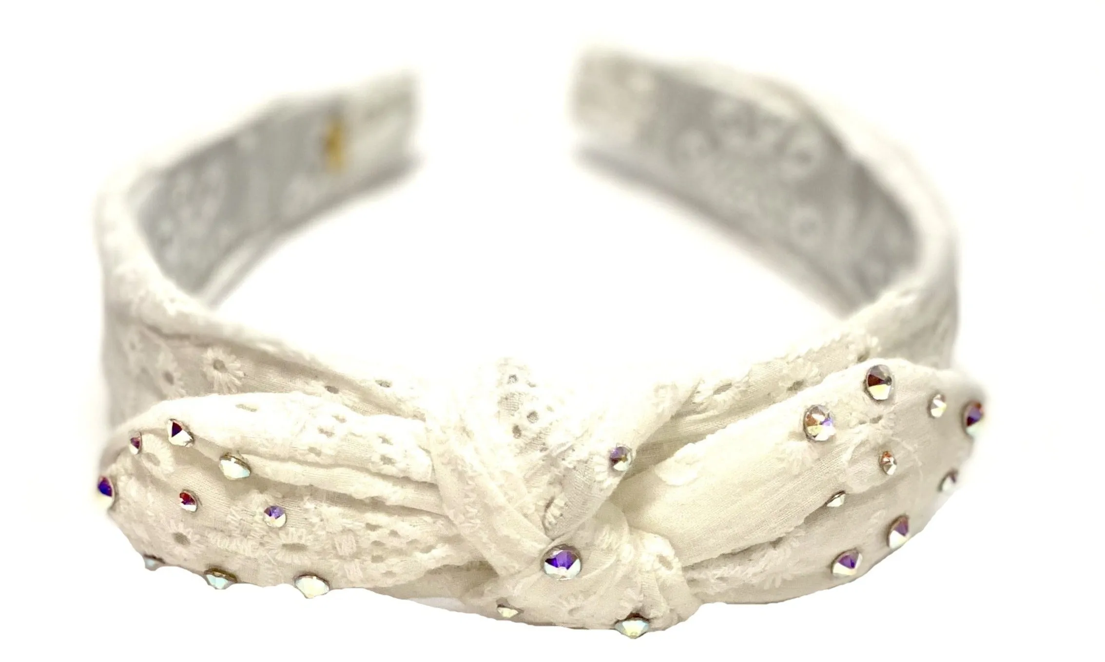 Bari Lynn Eyelet Twist Knot Headband with Crystals - White