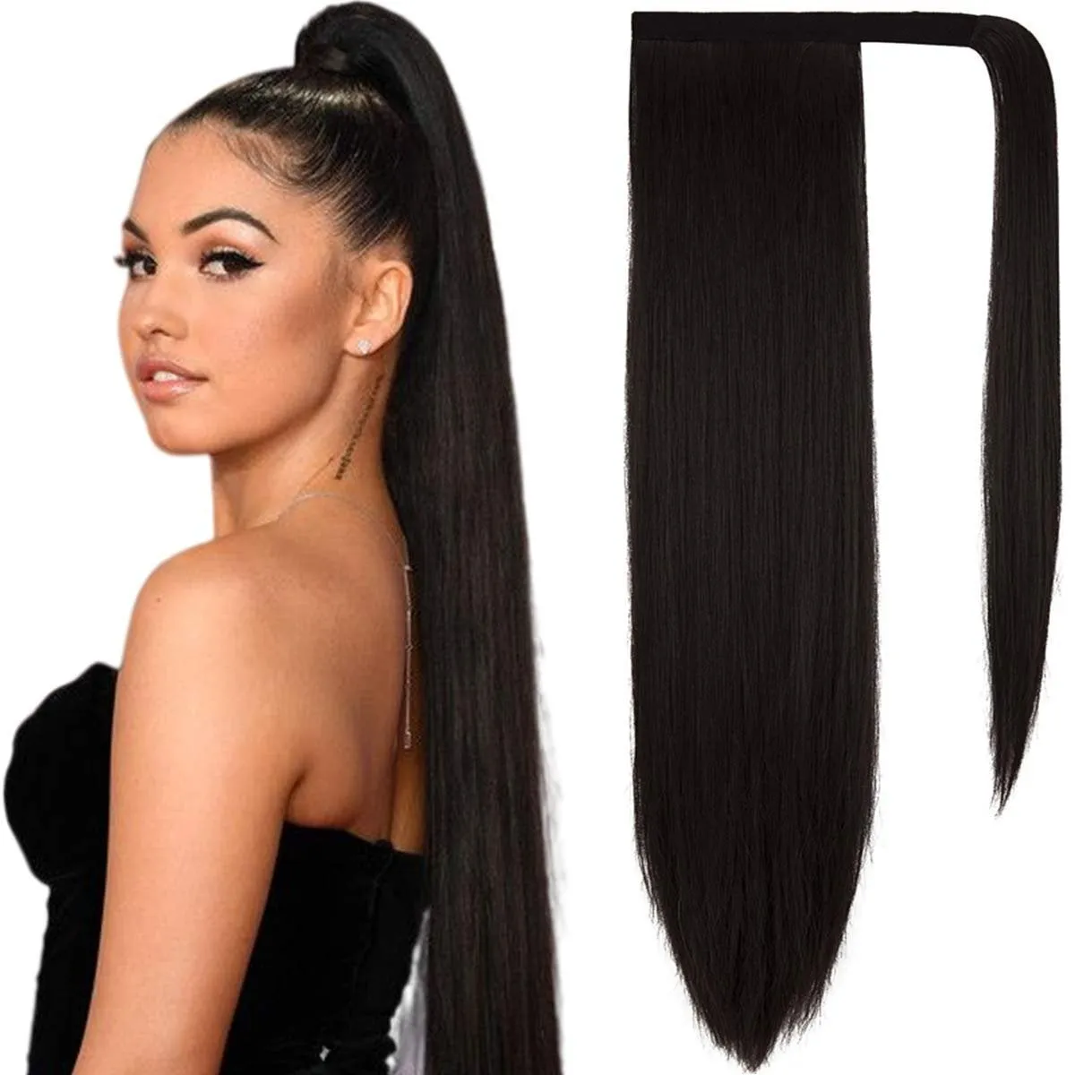 Best Quality Straight 28" Long | Wrap Around Synthetic Hair Piece | Clip in Ponytail Hair Extension Color #1B Natural Black