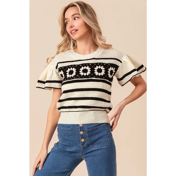 BiBi Cream Black Granny Square Short Ruffle Sleeve Striped Sweater X-Large NEW