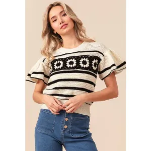 BiBi Cream Black Granny Square Short Ruffle Sleeve Striped Sweater X-Large NEW