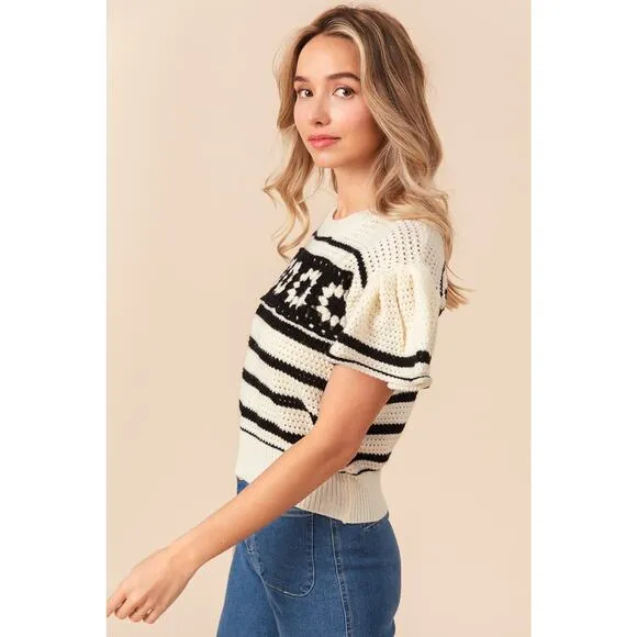 BiBi Cream Black Granny Square Short Ruffle Sleeve Striped Sweater X-Large NEW