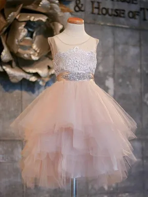 Blush Pink Flower Girl Dresses Asymmetric Tulle Lace Top Cute Dress for Kids, QB0267