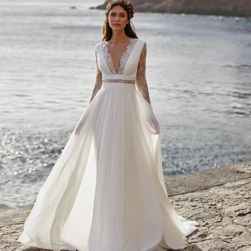 Bohemian Wedding Dress Made In Chiffon Featuring Long Sleeves Low Cut V-Neck A-Line Bodice And Lace Back