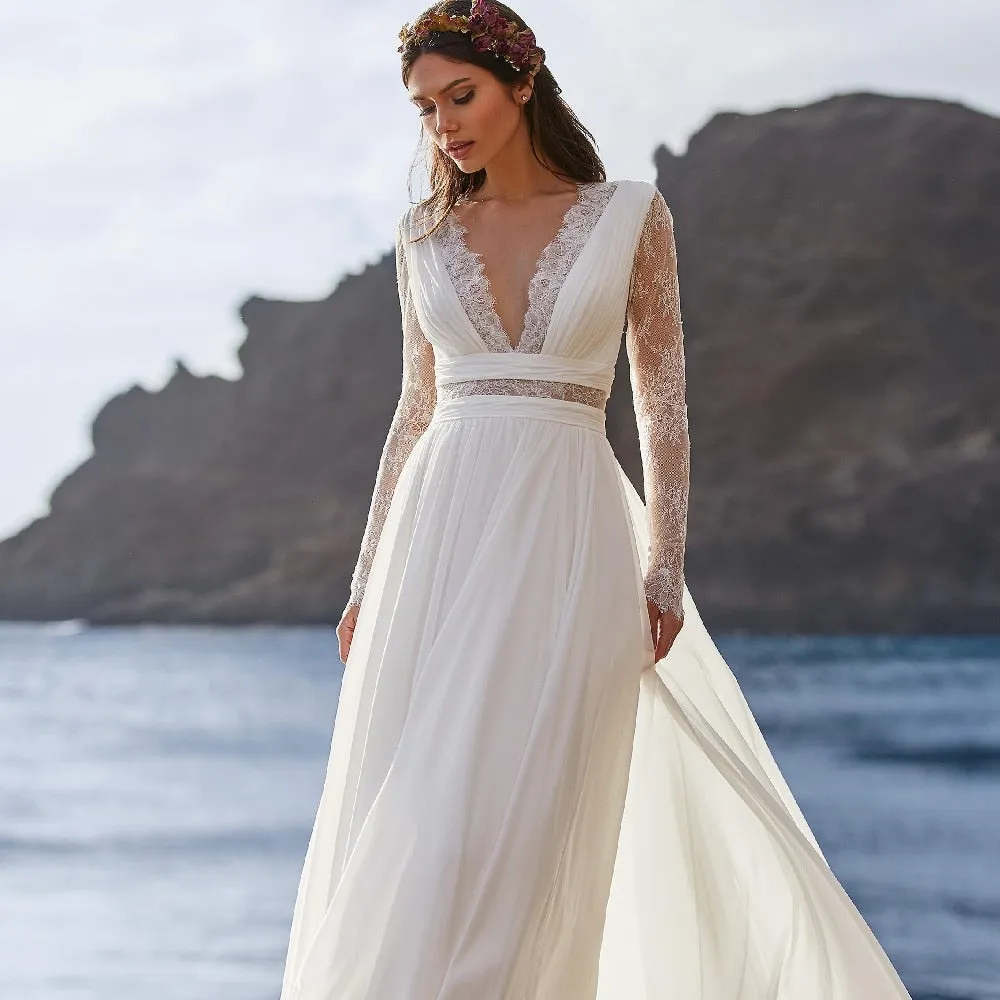 Bohemian Wedding Dress Made In Chiffon Featuring Long Sleeves Low Cut V-Neck A-Line Bodice And Lace Back