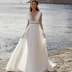 Bohemian Wedding Dress Made In Chiffon Featuring Long Sleeves Low Cut V-Neck A-Line Bodice And Lace Back