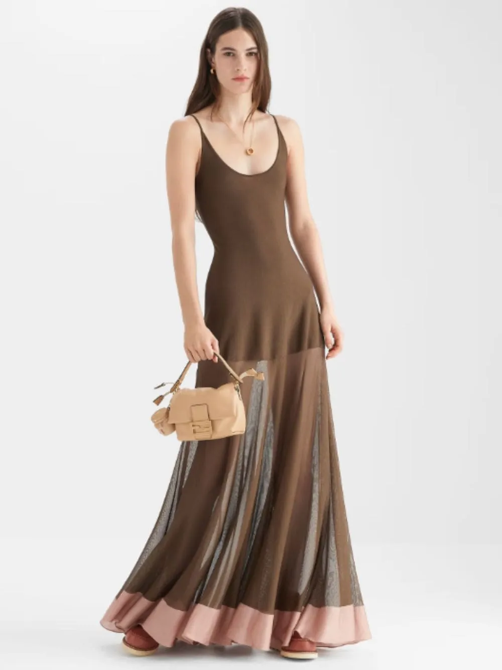 Brown Knit Maxi Dress with Contrast Hem