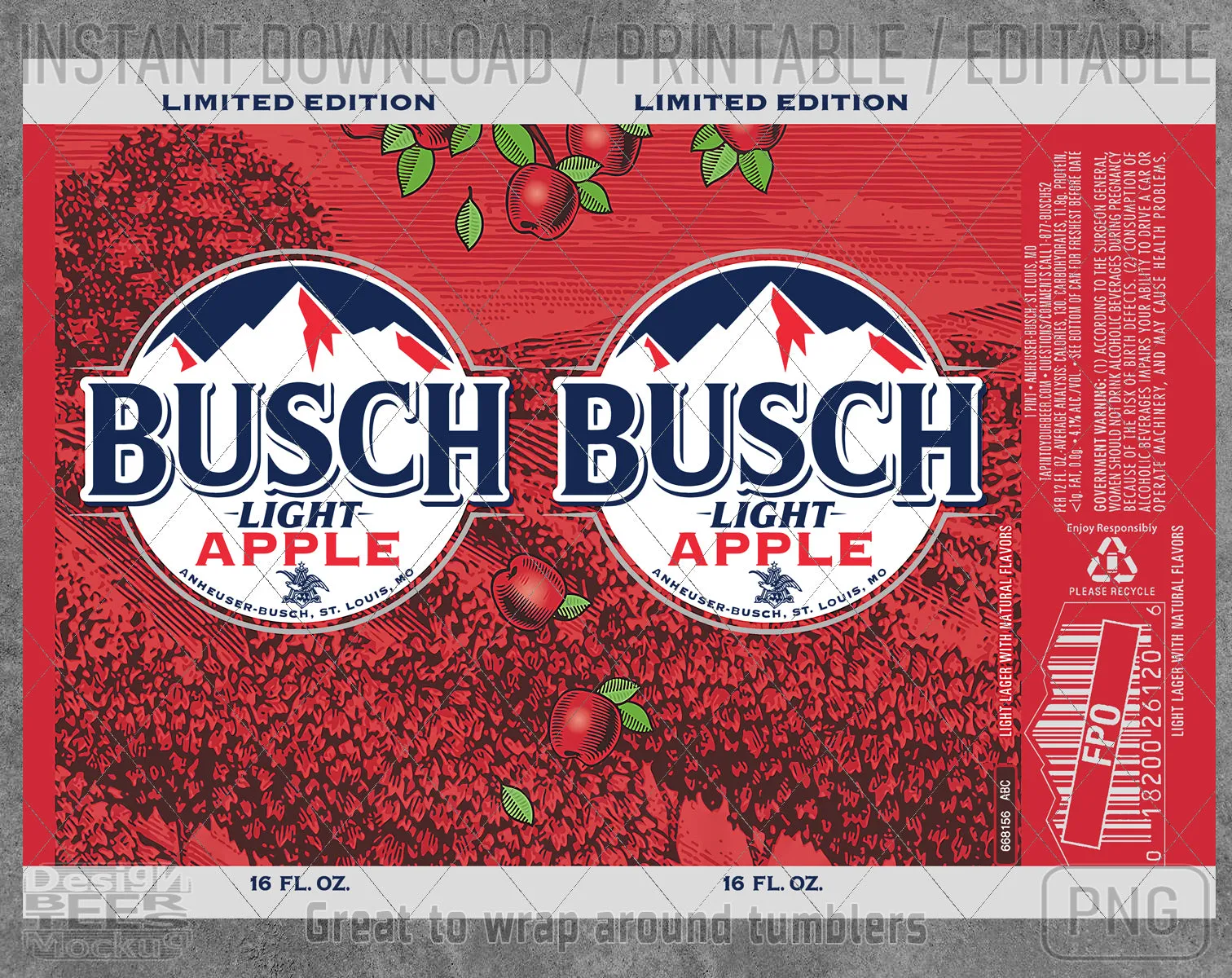Busch Light Apple Beer Inspired Unofficial Logo Can Wrap Limited Edition Great to wrap around tumblers PNG File Printable