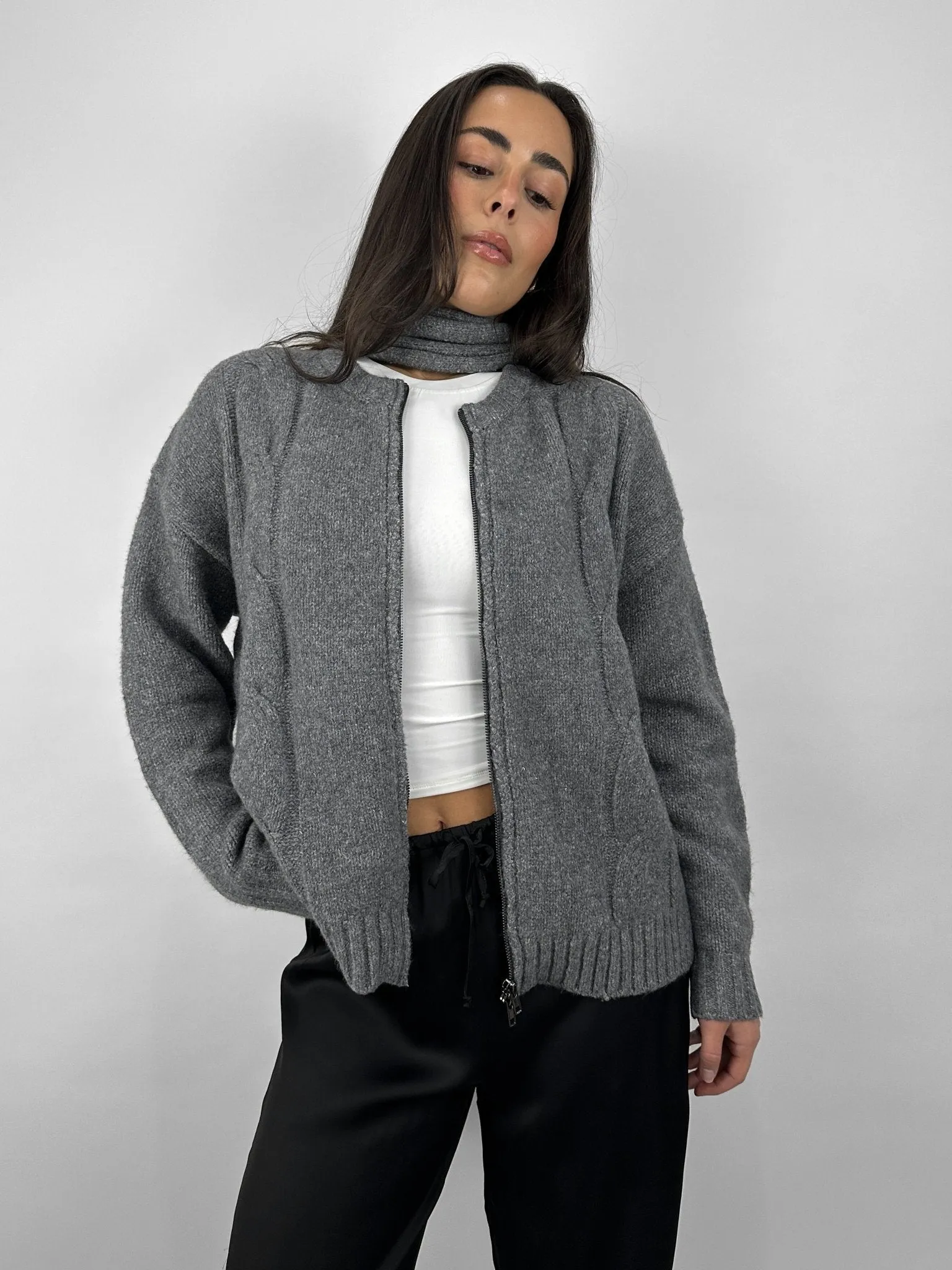 Cable Knit Zip Up & Scarf Set