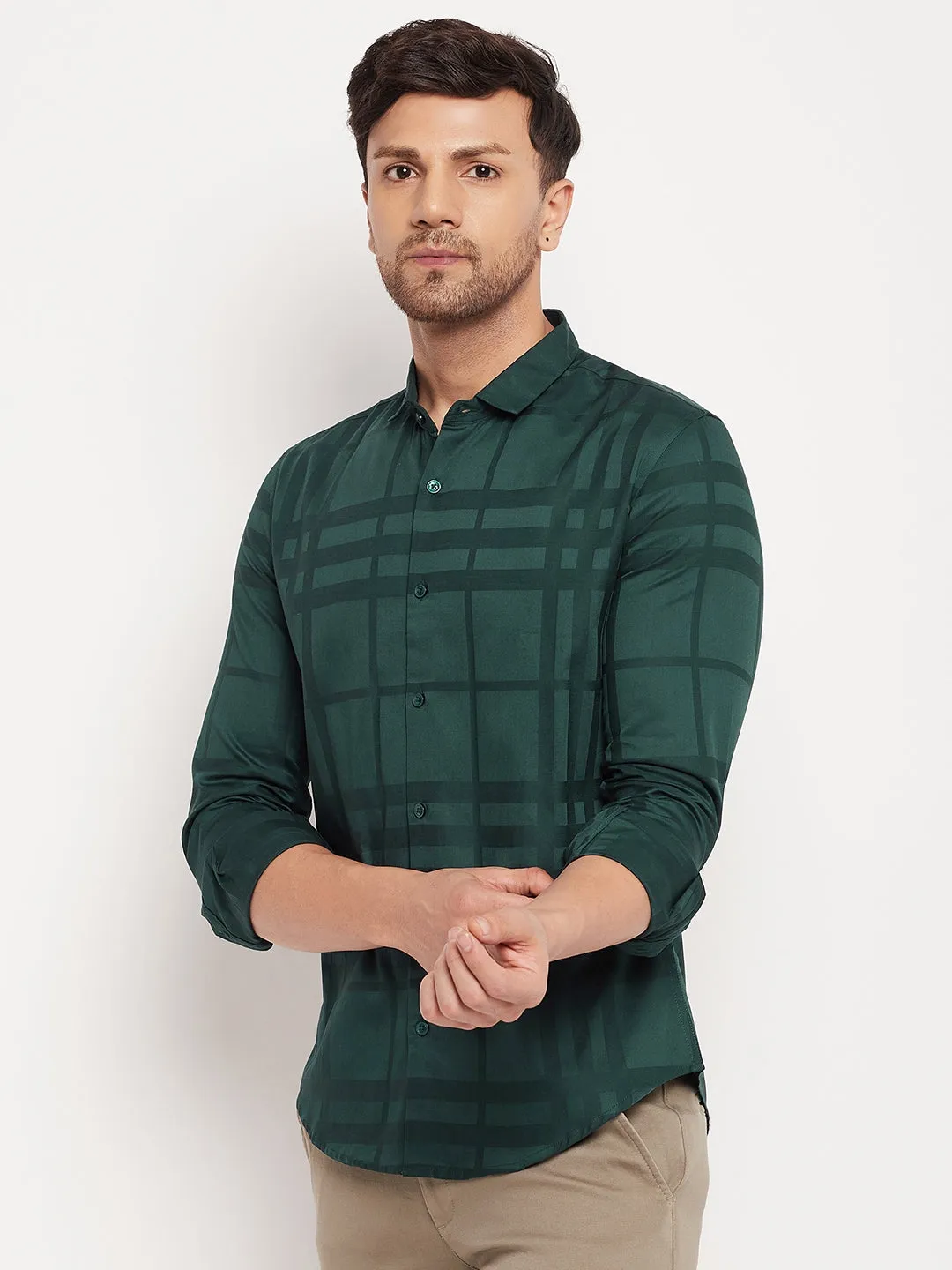 Camla Barcelona Self Striped Green Shirt For Men