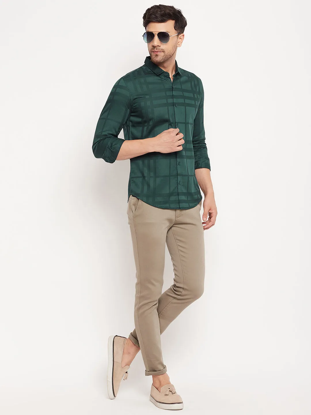 Camla Barcelona Self Striped Green Shirt For Men