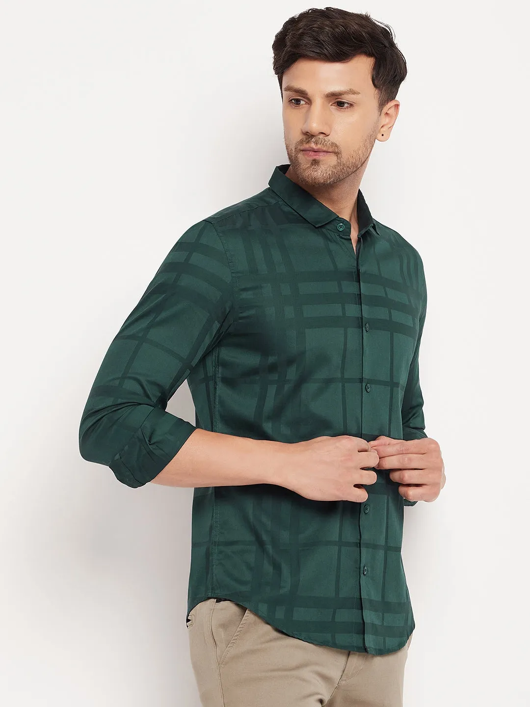 Camla Barcelona Self Striped Green Shirt For Men