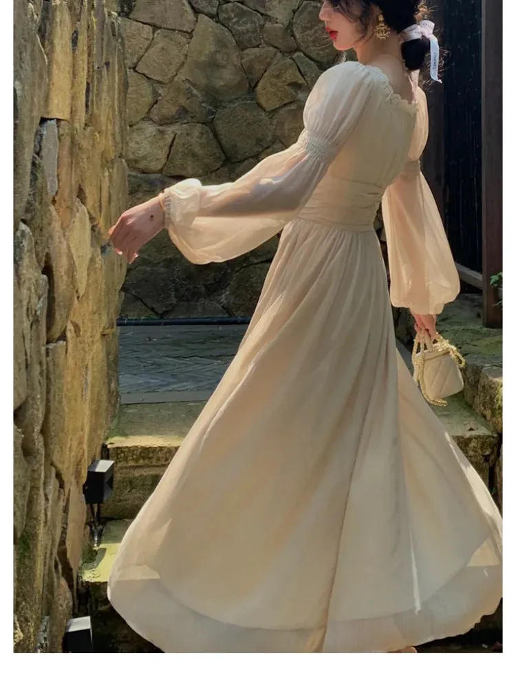 Casual Print Elegant Square Collar Midi Dress Vintage Long Sleeve Lace Holiday Dress Slim Evening Party Dress