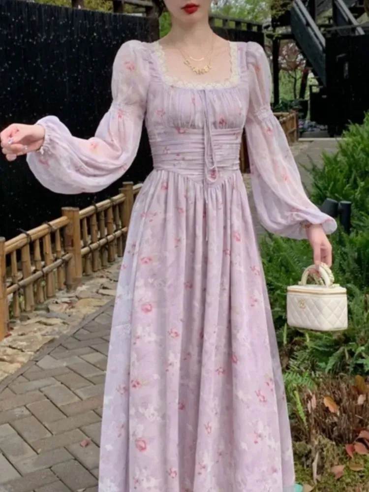 Casual Print Elegant Square Collar Midi Dress Vintage Long Sleeve Lace Holiday Dress Slim Evening Party Dress
