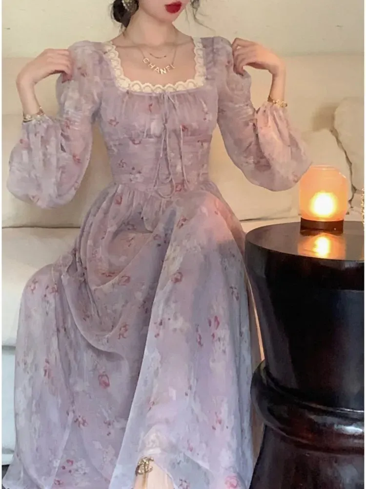 Casual Print Elegant Square Collar Midi Dress Vintage Long Sleeve Lace Holiday Dress Slim Evening Party Dress