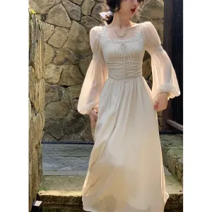 Casual Print Elegant Square Collar Midi Dress Vintage Long Sleeve Lace Holiday Dress Slim Evening Party Dress