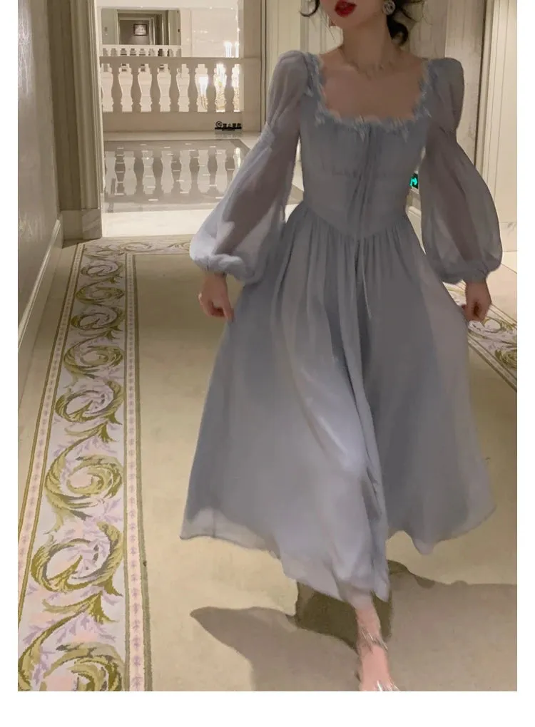 Casual Print Elegant Square Collar Midi Dress Vintage Long Sleeve Lace Holiday Dress Slim Evening Party Dress