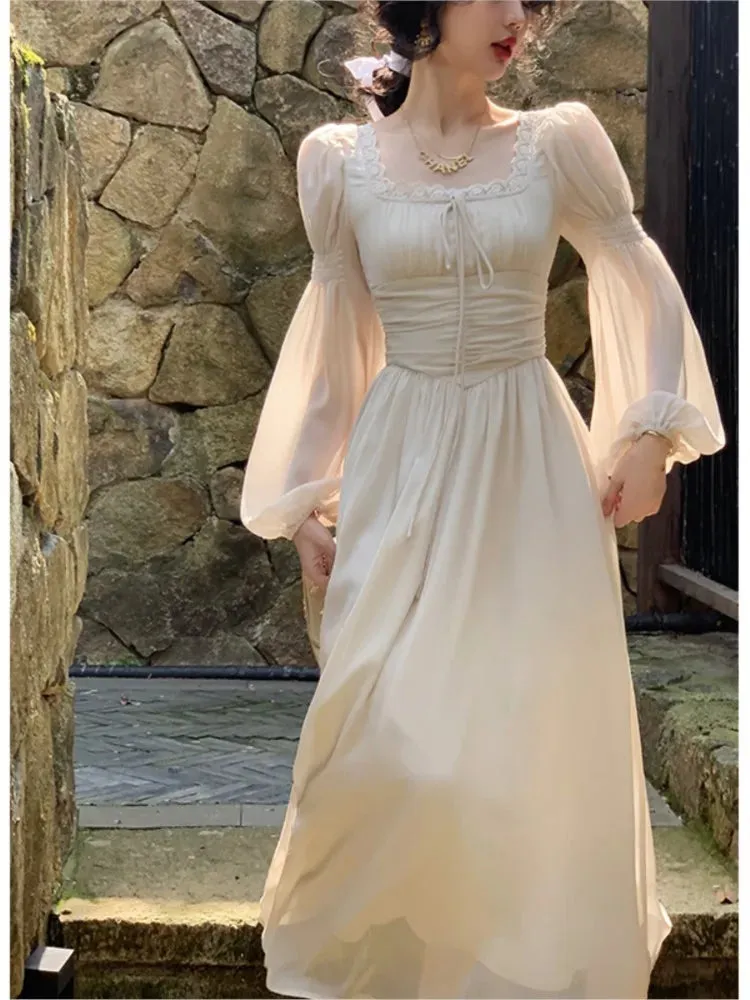 Casual Print Elegant Square Collar Midi Dress Vintage Long Sleeve Lace Holiday Dress Slim Evening Party Dress