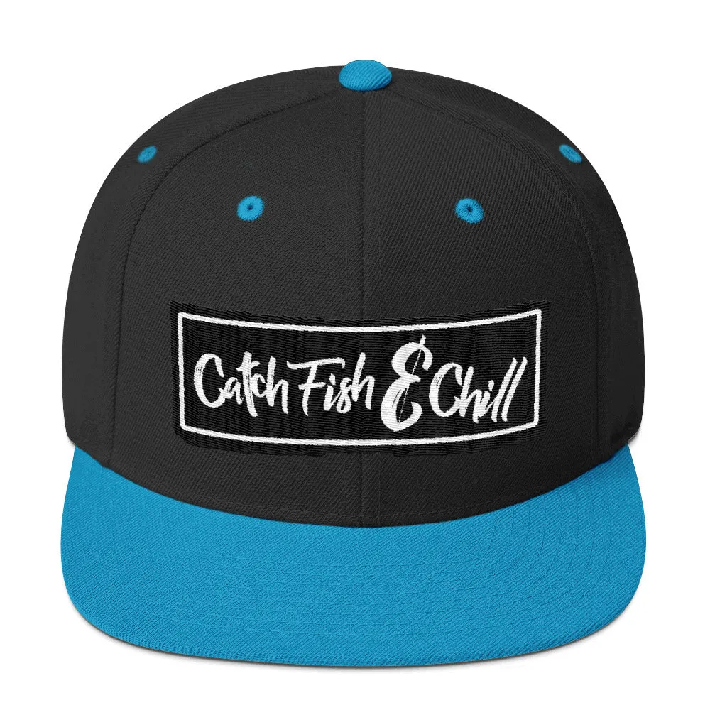 CATCH FISH & CHILL BOX LOGO BLACK FLAT BILL WOOL SNAP BACK